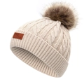 Knitted kids beanie in cream white with chunky cable patterns and brown faux fur pompom - Beige