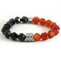 Faceted black and orange natural stone beaded bracelet with textured metal spacers - Red and Black