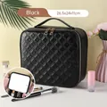 Black quilted makeup case with LED mirror and dividers, 26.5x24x11cm portable storage - Diamond Pattern Elegant Black With Mirror (26.5X24X11)