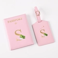Pink passport cover and luggage tag set with golden letter S and airplane design - Pink Letter S
