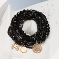 Bohemian multi-layer black beaded bracelet set with gold Tree of Life and leaf charms - Black