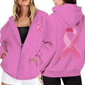 Pink ribbon breast cancer awareness zip-up hoodie in soft pink with front and back prints - S / Pink