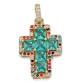 Goldener Kreuzanhänger mit minzgrünen Steinen und bunten Zirkonia-Mikro-Inlays - Mintgrünes Baguette Farbiges Kreuz (Stil 74)