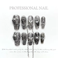 Gothic press-on nails set with silver metal skull, cross charms and chain details - Small (S) / Demon Claw