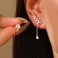 Elegant rose gold leaf earrings with zircon tassels for a minimalist luxury look - Rose Gold Leaf Tassel Earring Set (F08) / 1 Pair (Asymmetric) / Gold