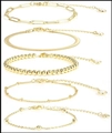 Five-piece set of layered gold bracelets with cable, snake, and paperclip chain designs - Gold Set - Paperclip/Snake/Bead/Twist Chain