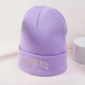 Purple ribbed knit beanie with Los Angeles embroidery on a minimalist white display - One Size / Light Purple