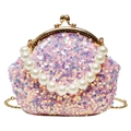 Pink sequin mini shell evening bag with white pearl handle and golden chain strap - Pink