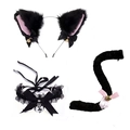 Detailed set of black faux fur cat ears, lace choker with bell, and matching plush tail - Black Pink Cat Ears + Lace Bell Choker + Tail