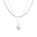 Detailed close-up of double-layered silver snake chain necklace with star pendant - Silver Sun