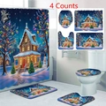 Detail view of 4-piece Christmas bathroom set with starry night snowy cabin patterns - 24-2 Snowy Forest Cabin / 3-Piece Bath Mat Set