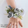 Vintage dusty grey rose wrist corsage with blue berries and gold leaf accents - Wrist Corsage / Smoke