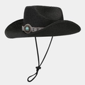 Detail van strooien cowboyhoed met etnische geweven band en turquoise versierde gesp - Zwart
