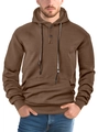 Detail of men's brown waffle textured hoodie showing hood strings and button placket - Coffee