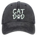 Washed dark grey cotton baseball cap with pale green CAT DAD embroidery and paw print - Washed Black CAT DAD Embroidery Baseball Cap