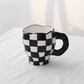 Irregular ceramic mug with black and white checkerboard pattern and chunky handle - Black Checkerboard Cup