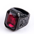 Men's black stainless steel ring featuring a large square red gemstone and retro patterns - US 7 / Black (Rose Red Rhinestone)