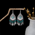 Bohemian turquoise drop earrings with retro silver tassels in a vintage ethnic style - Retro Silver + Lake Blue Stone + Leaf Tassel (E5774-15)