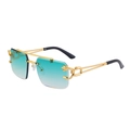 Retro rimless sunglasses with gold leopard head detail and teal gradient lenses - C4 Gradient Green