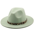 Mint green wool felt fedora hat featuring a stylish leopard print band and gold buckle - M(56-58cm) / Creamy White