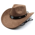 Close-up of brown suede cowboy hat with star emblem and turquoise stone detail - M (56-58cm) / Light Coffee