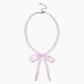 Pink beaded necklace with crystal bow pendant and tassels on silver chain adjustable - Crystal Bow Necklace / Pink