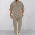Men's khaki knit polo and trousers set with textured waffle pattern and drawstring waist - S / Khaki