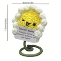 Detail view of handmade crochet daisy flower with dimensions and inspirational card - White Sunflower 8cm