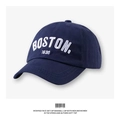 Detailed close-up of dark blue cotton baseball cap with white Boston 1630 3D embroidery - Navy Blue
