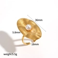 Adjustable golden stainless steel ring with 36mm wave disk and central faux pearl - Wavy Disc Pearl Style (TR4545)