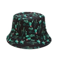 Reversible bucket hat with green cactus and pink flower pattern on black canvas background - M (56-58cm) / Small Cactus Black