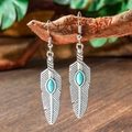 Macro shot of vintage silver feather earrings with turquoise stones on rustic wood - Retro Feather Pendant (HQEF-1958)