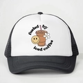 Trucker hat with Fueled by iced coffee print and black breathable mesh back - One Size / Black and White