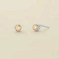 Pair of minimalist silver-toned stainless steel stud earrings with yellow amber crystals - November Light Yellow - Silver
