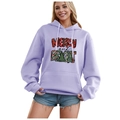 Lavender hoodie with Merry and Bright Christmas print and front kangaroo pocket - S / Tops / Lavender
