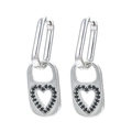Minimalist silver heart lock drop earrings with black zircon stones in a sleek square hoop - Platinum-Black