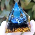 Orgone crystal pyramid with blue sphere, black stones, and Tree of Life motif - Blue Cat's Eye / Small