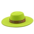 Detail of neon green wool fedora hat with brown leather band and silver metal rivets - M / Fluorescent