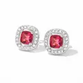 Deep rose red cushion cut stud earrings with white zircon halo in silver finish - Silver Square Red Stone Style (PDE1164)
