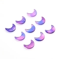 Macro view of 9 crescent moon glass charms with purple-blue gradient and gold glitter - Blue Purple Gold Shimmer
