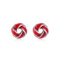 Close-up of red enamel and silver metal knot stud earrings with polished finish - Style 18-Red Knot Round Stud Earrings