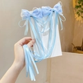 Pair of cute blue bow hair clips with long ribbons and synthetic braids for girls - Blue Large Style (Hair Clip 024-Braid)
