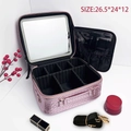 Pink quilted makeup case with LED mirror, adjustable dividers and shoulder strap - Dazzling Pink [LED Light]