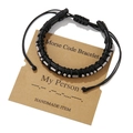 Morse Code black leather bracelet for couples on a kraft card showing My Person message - My Person