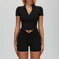 Two-piece black yoga set with half-zip crop top and V-waist shorts for fitness training - S / Top And Bottom / Premium Black