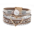 Bracciale multistrato in pelle con ciondolo a cuore dorato e chiusura magnetica grigio - Grigio