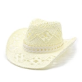 Breathable cream hollow-knit straw cowboy hat with woven leather band for sun protection - M (56-58cm) / Creamy White