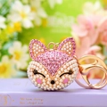 Pink crystal and pearl fox keychain with golden metal ring and spring clasp accessory - Rhinestone Fox Head Pink