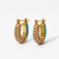 French vintage gold U-shaped hoop earrings with sky blue enamel and clear zircons - Blue Style (KDE1843)