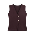 Close-up of a dark maroon V-neck knit vest with two golden buttons on a white background - Dark Brown Vest / S